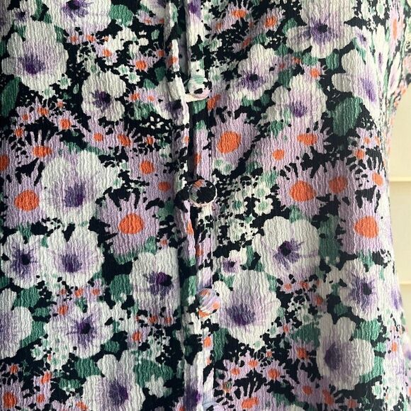 Anthropologie XS Purple Black Floral Print Ruffle V Neck Blouse Top Boho Cottage - Picture 5 of 9